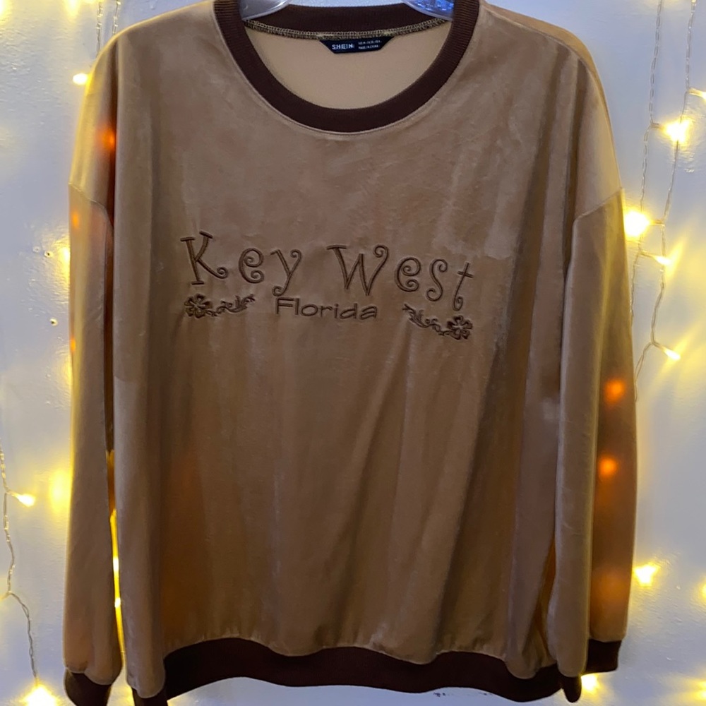 SHEIN Letter Embroidery Brown Velvet Sweatshirt